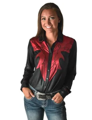 Ergonomic Armhole Design Cowgirl Tuff Womens Western Metallic Black/Red Polyester L/S Shirt Cowgirl Tuff Womens Western Metallic Black/Red Polyester L/S Shirt Casual Wear