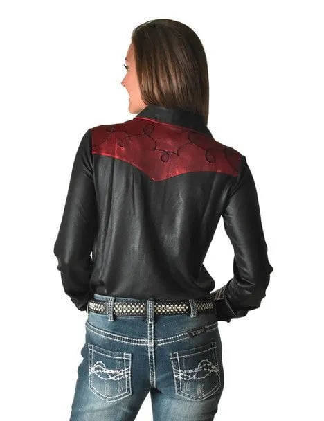 Cowgirl Tuff Womens Western Metallic Black/Red Polyester L/S Shirt Interview Ready