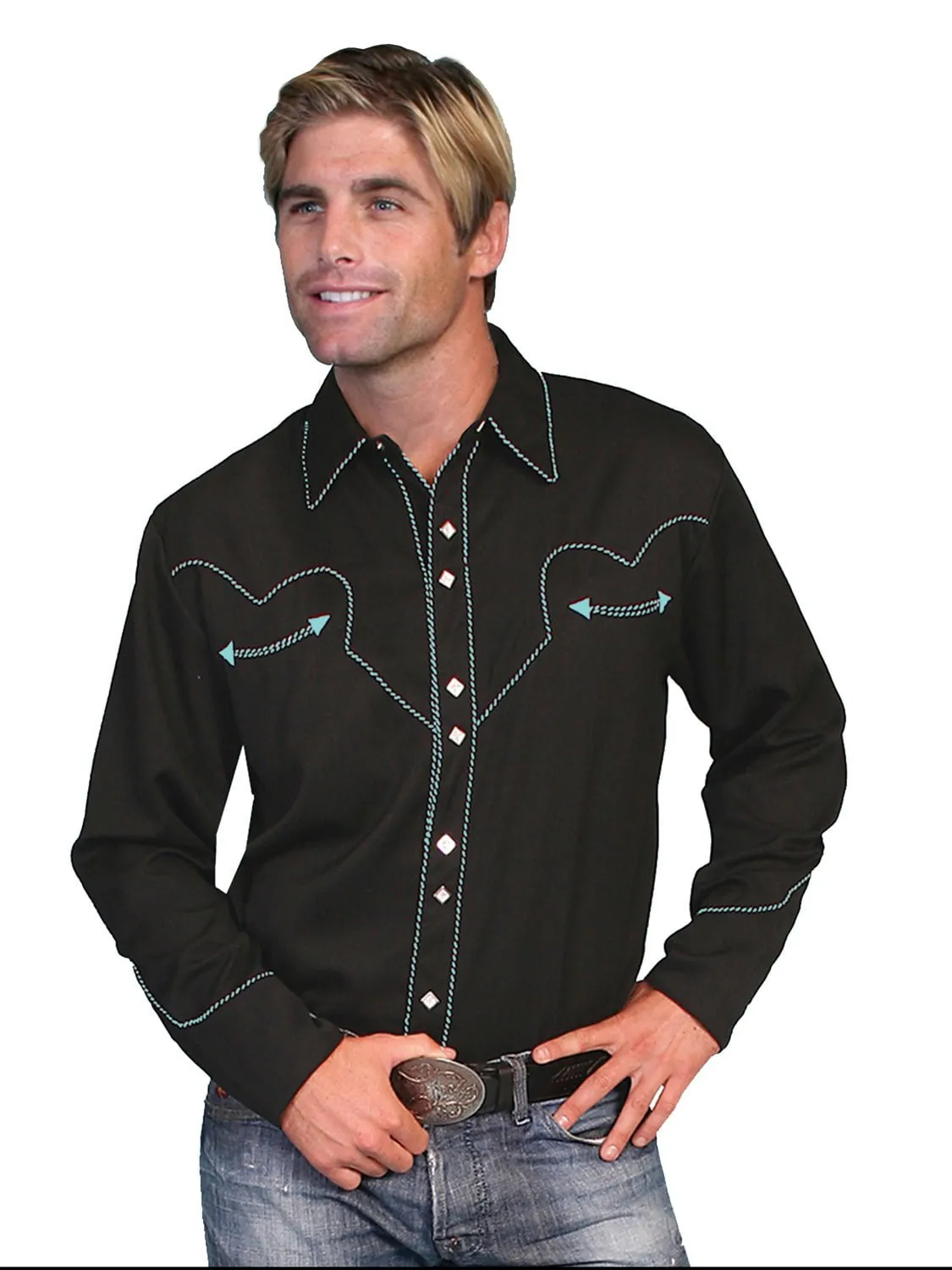 Modern Appeal Classic Comfort Scully Western Mens Turquoise Polyester L/S Candy Cane Piping Western Shirt