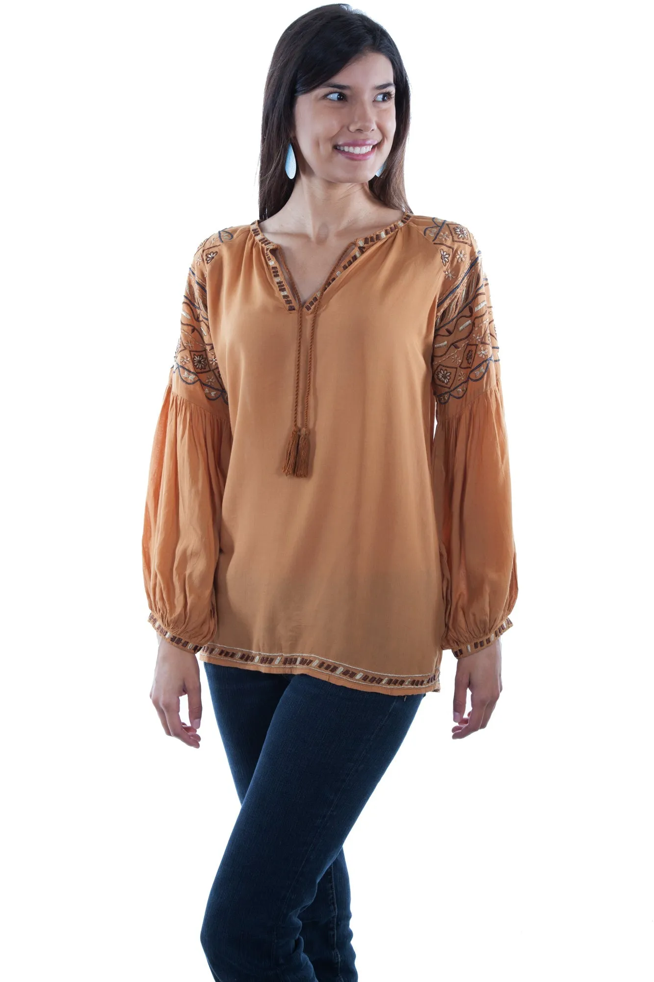 Scully Womens Gold 100% Viscose Poet L/S Blouse Raw Hem Design