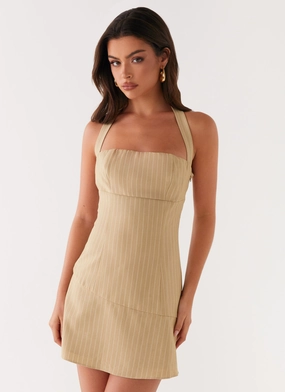 Erica Mini Dress - Beige Stripe Hand Dyed Erica Mini Dress - Beige Stripe Lightweight Fabric Everyday Layers