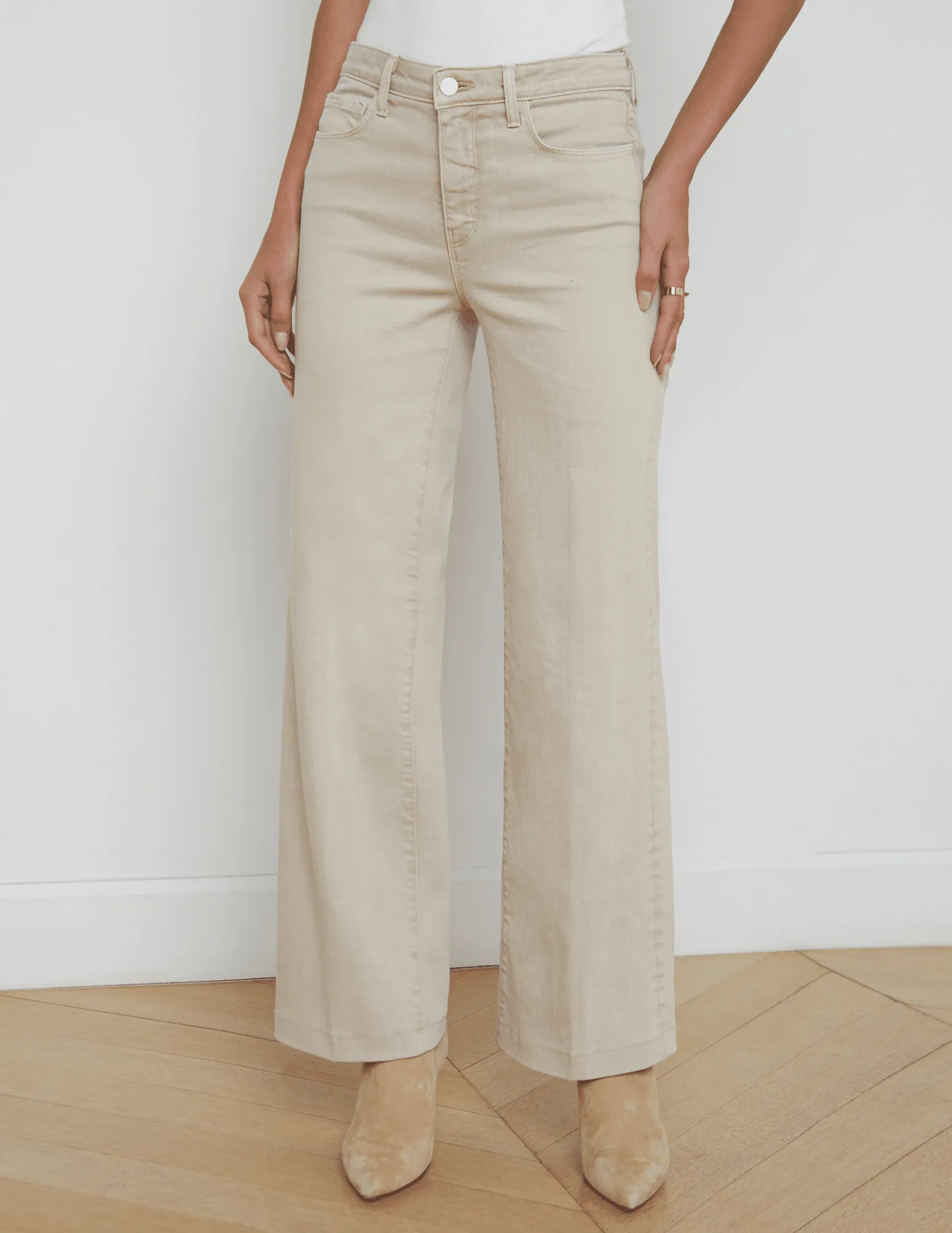 L'AGENCE Scottie High Rise Wide Leg Jeans in Biscuit Strong Stitch Trend Friendly
