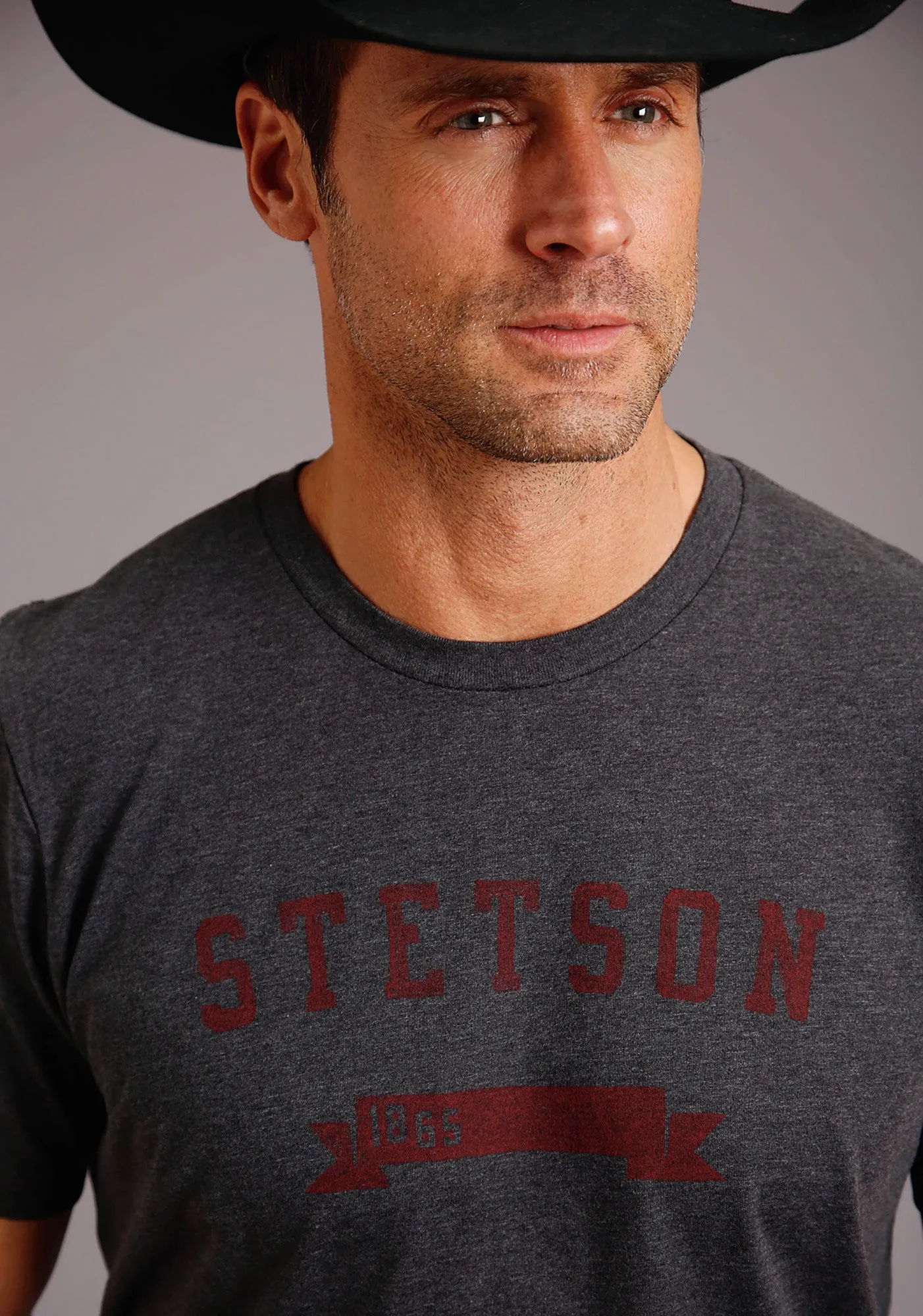 Stetson Mens Grey Cotton Blend 1865 Logo S/S T-Shirt Comfort-First Non Iron Material