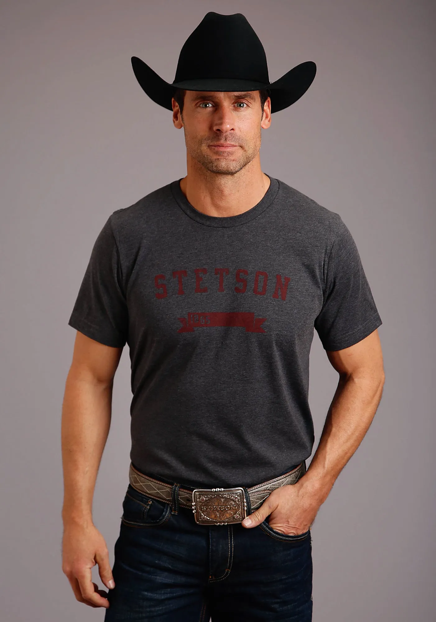 Stetson Mens Grey Cotton Blend 1865 Logo S/S T-Shirt Advanced Moisture Management Local Favorite