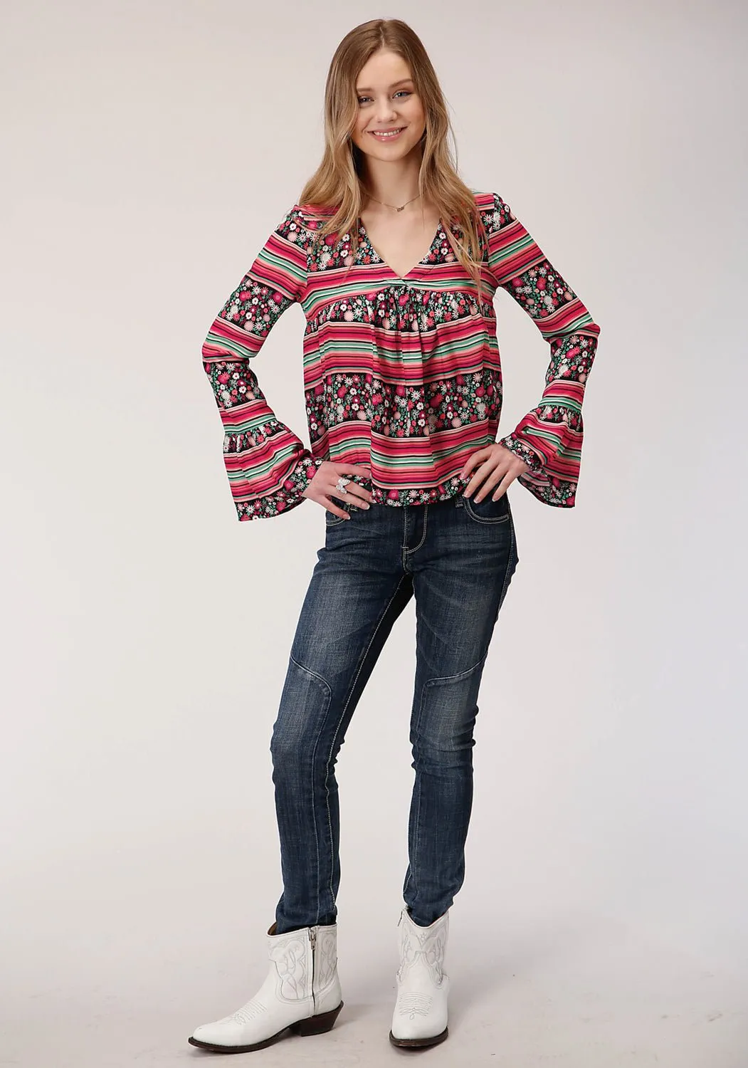 Party Look Luxury Roper Womens Black/Red Rayon/Nylon Floral Print L/S Blouse