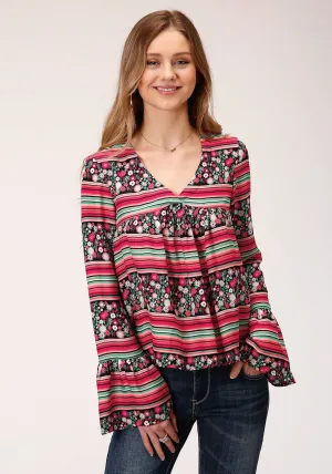 Essential Silhouette Roper Womens Black/Red Rayon/Nylon Floral Print L/S Blouse Roper Womens Black/Red Rayon/Nylon Floral Print L/S Blouse Festival Outfit Comfy
