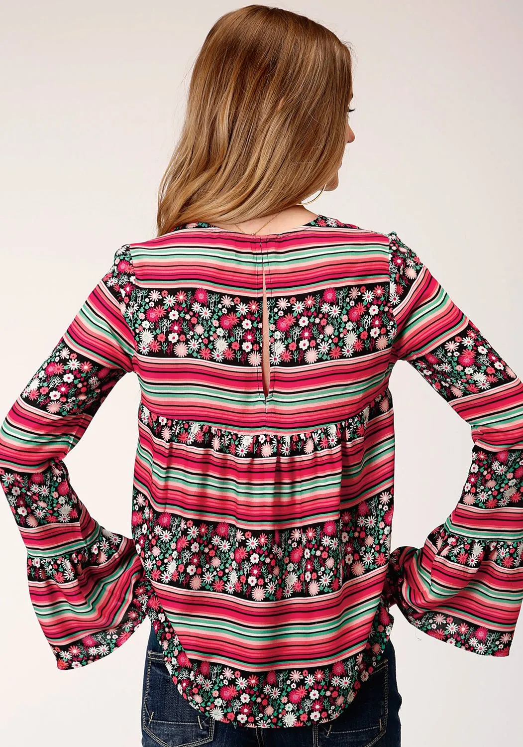 Roper Womens Black/Red Rayon/Nylon Floral Print L/S Blouse Perfect Waistband