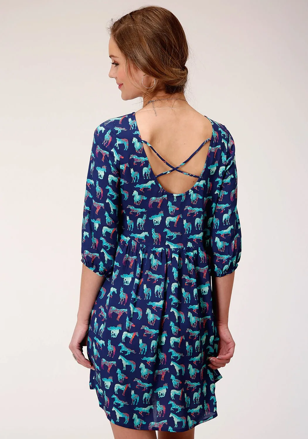 Holiday Vibes Date Night Lightweight Regular Style Roper Womens Blue Rayon/Nylon Wild Horse S/S Dress