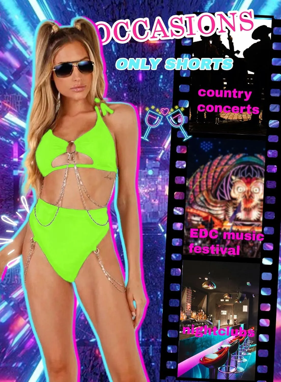 EVELUST Rave Bottoms With Chain For Women - EDC Sexy Thong Bootylicious Shorts Festival High Waisted Pants Party Nightclub