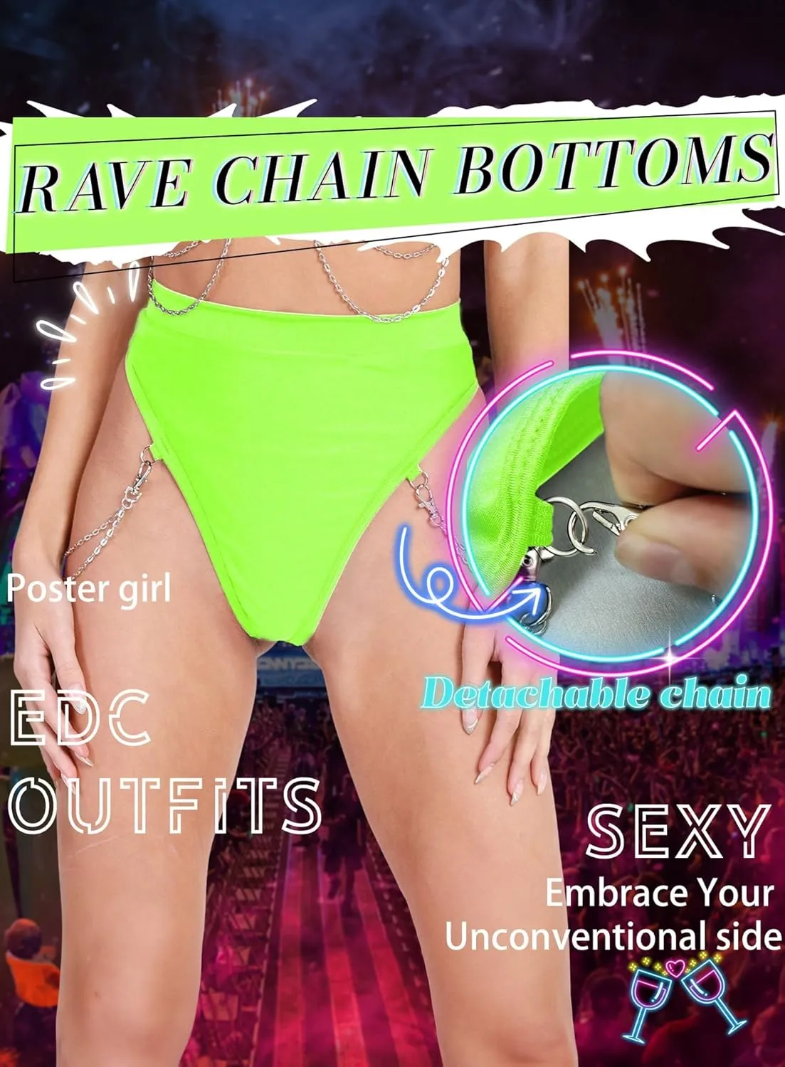 EVELUST Rave Bottoms With Chain For Women - EDC Sexy Thong Bootylicious Shorts Festival High Waisted Pants Party Nightclub