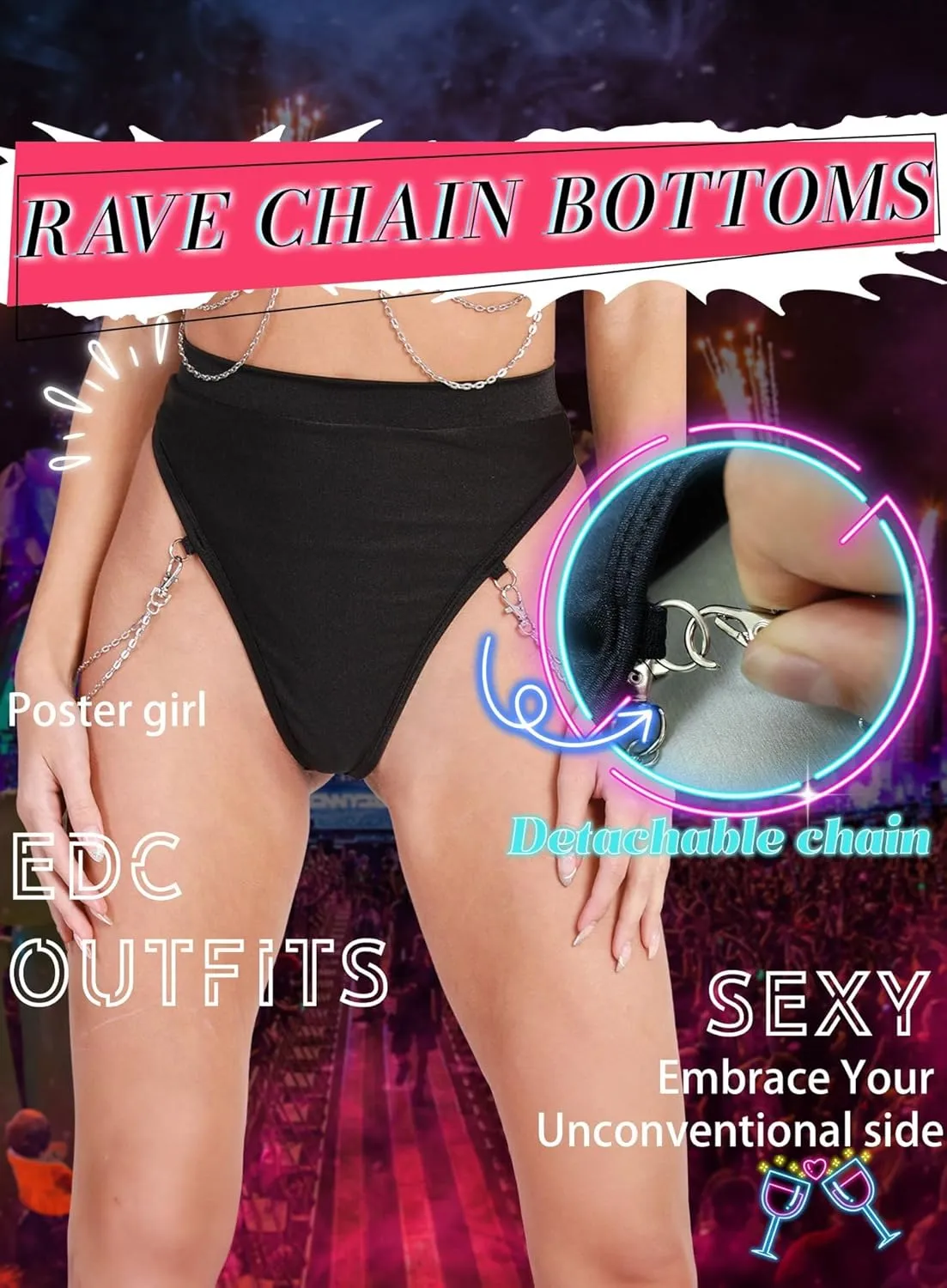 EVELUST Rave Bottoms With Chain For Women - EDC Sexy Thong Bootylicious Shorts Festival High Waisted Pants Party Nightclub