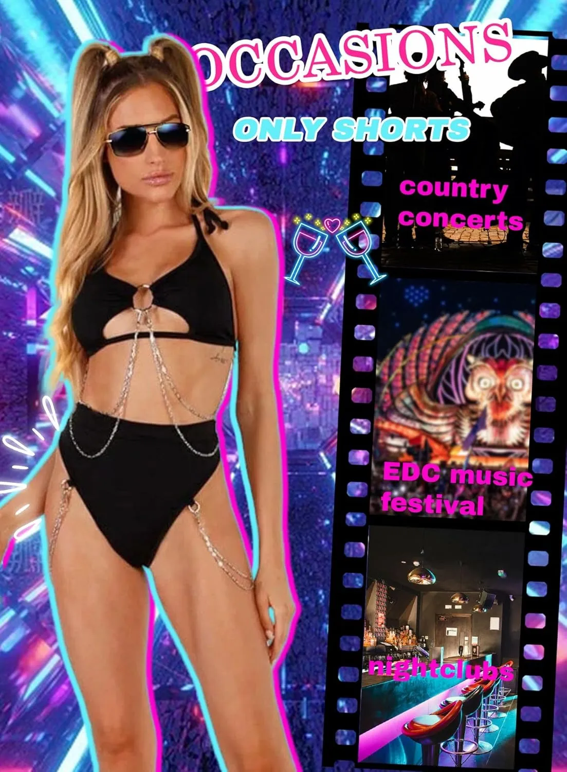 EVELUST Rave Bottoms With Chain For Women - EDC Sexy Thong Bootylicious Shorts Festival High Waisted Pants Party Nightclub