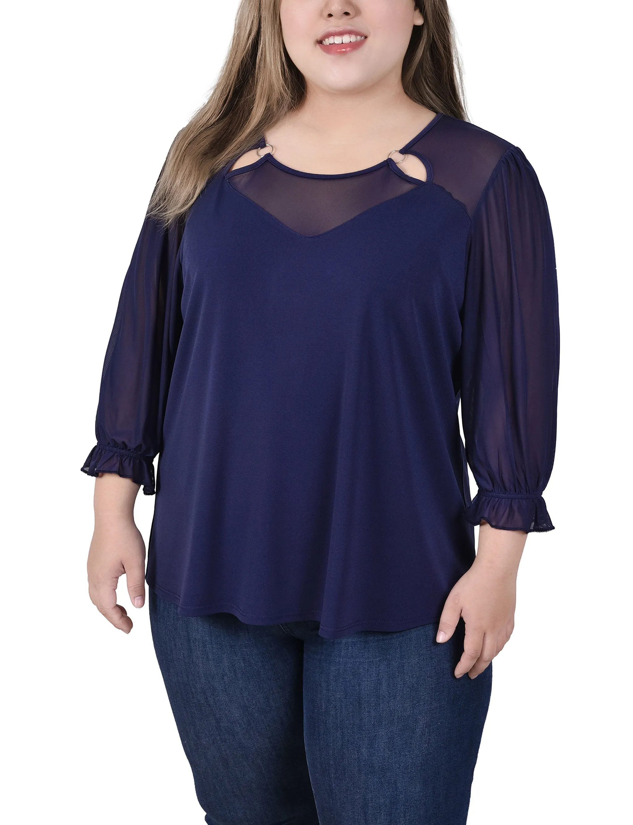 London Edge Plus Size 3/4 Sleeve Ringed Top With Mesh