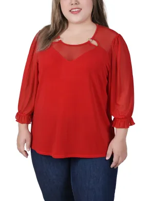 Evening Charm Plus Size 3/4 Sleeve Ringed Top With Mesh Plus Size 3/4 Sleeve Ringed Top With Mesh Light and breezy summer dress
