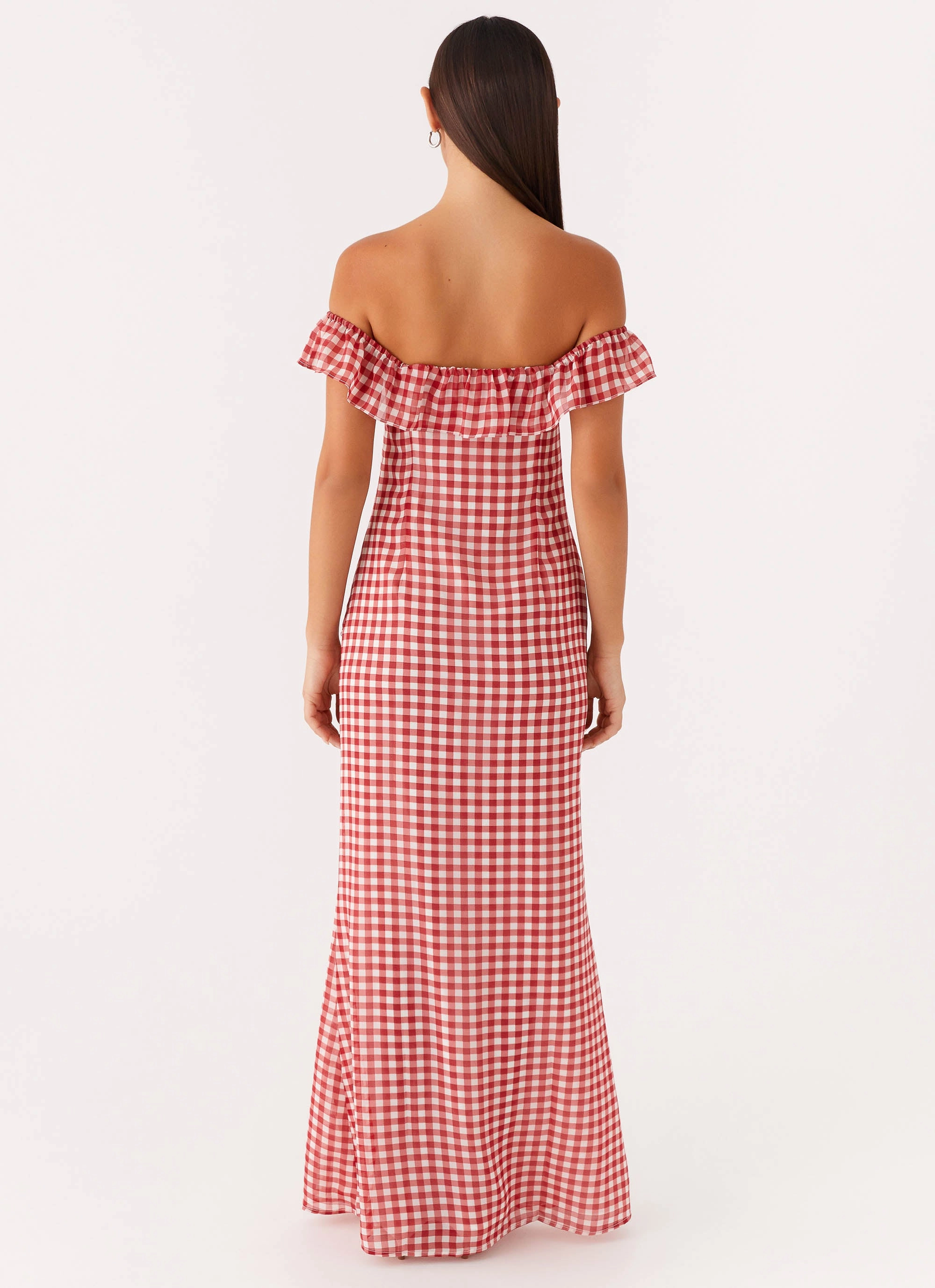 Basic Shape Breath Soft Scarlet Cherry Maxi Dress - Red Gingham