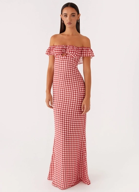 Evening Charm Scarlet Cherry Maxi Dress - Red Gingham Scarlet Cherry Maxi Dress - Red Gingham Maximalist-Trend Chic and Flattering