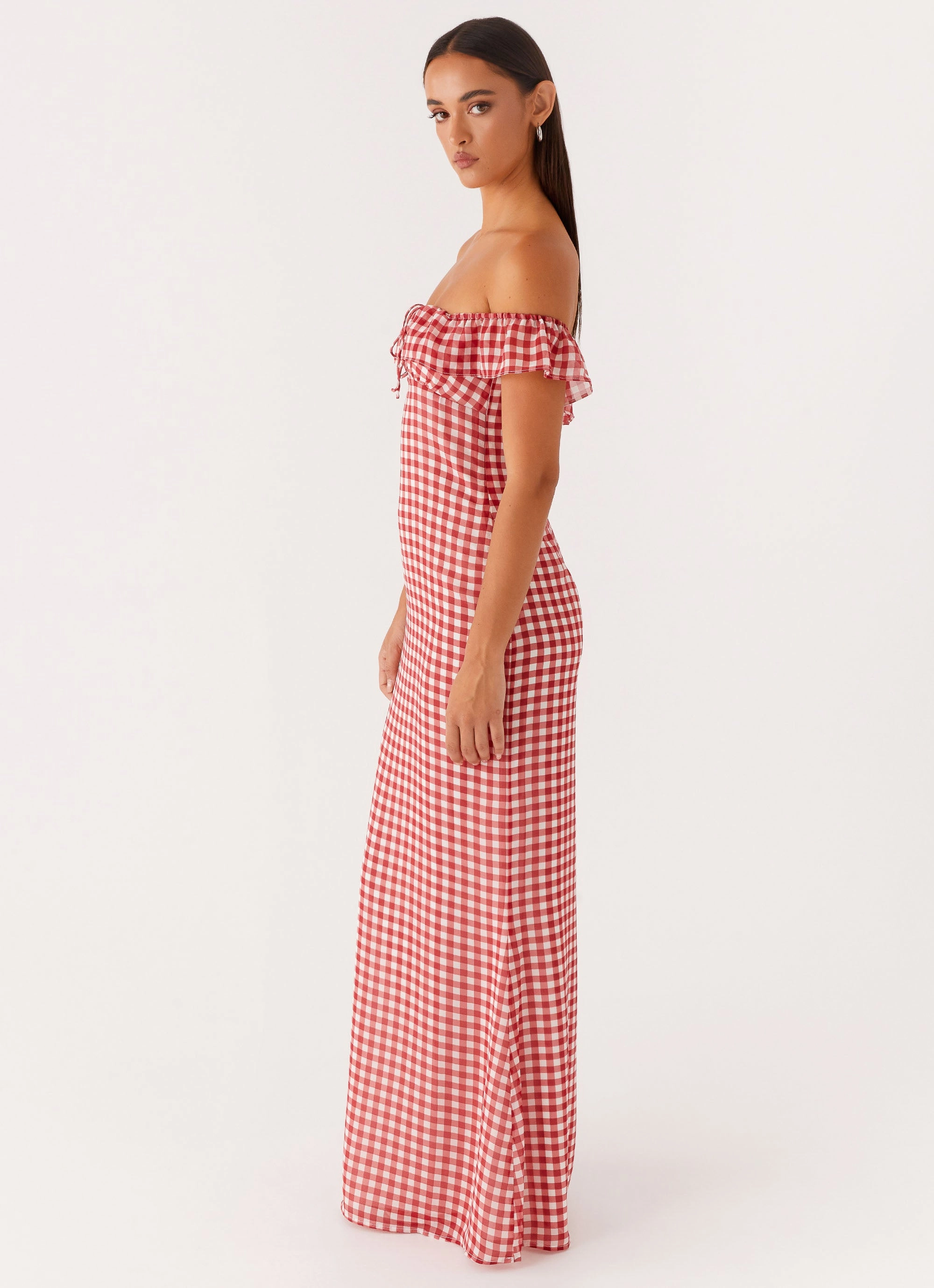 Contemporary Waist Skin Hug Scarlet Cherry Maxi Dress - Red Gingham