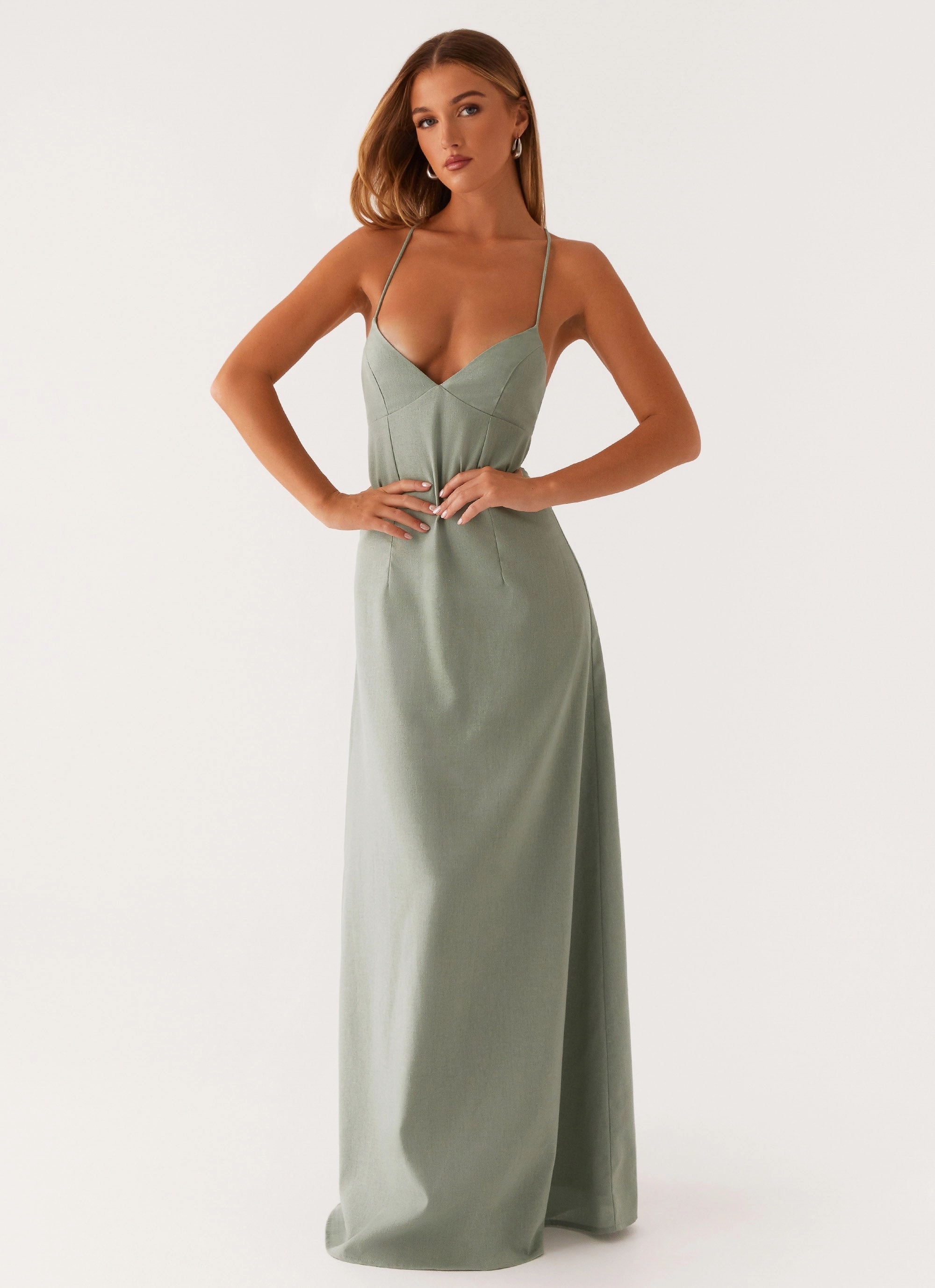 Effortless Waist Design Middle Ground Linen Maxi Dress - Sage