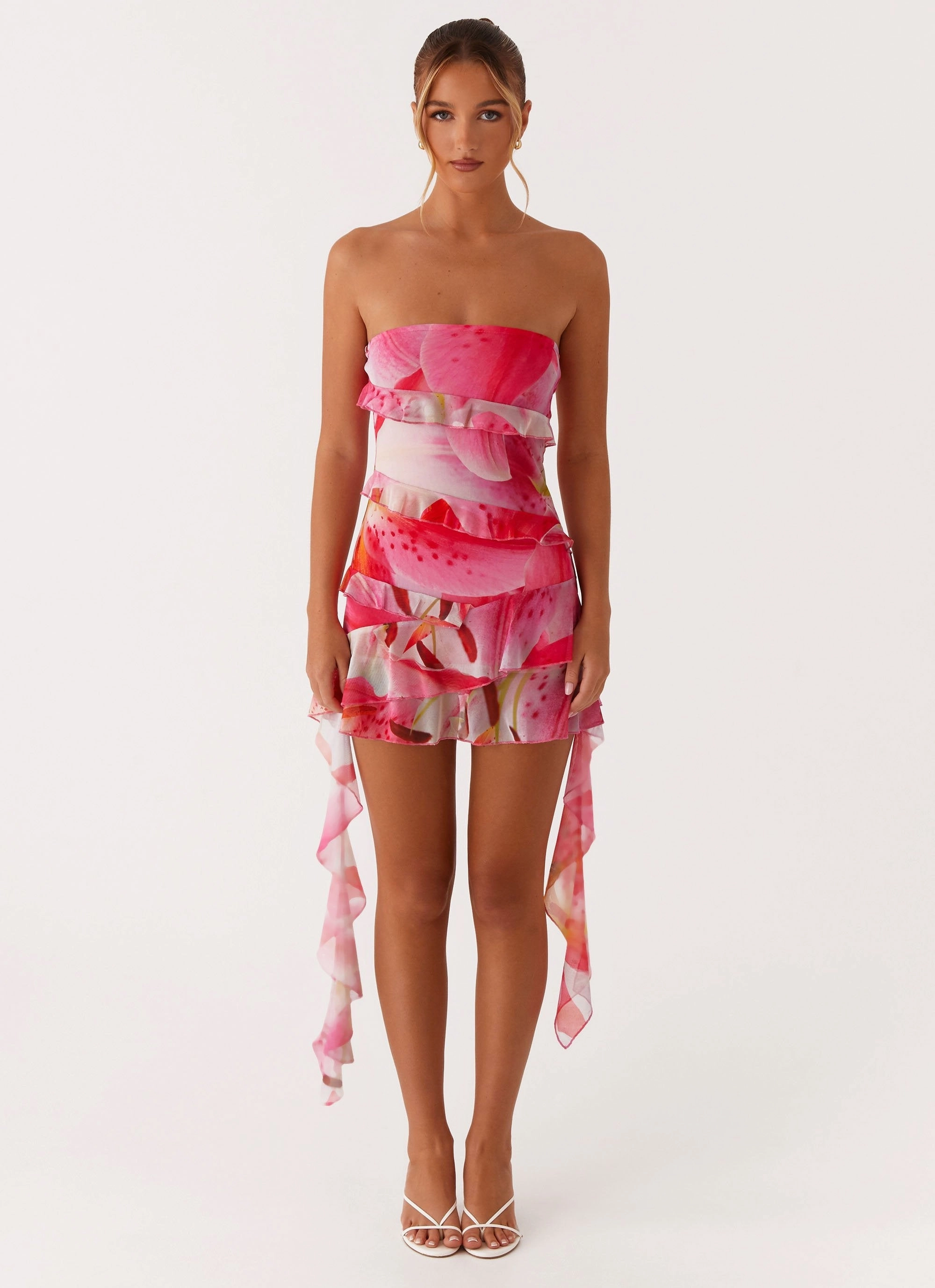 Macey Mini Dress - White Pink Lilly Cool Tone