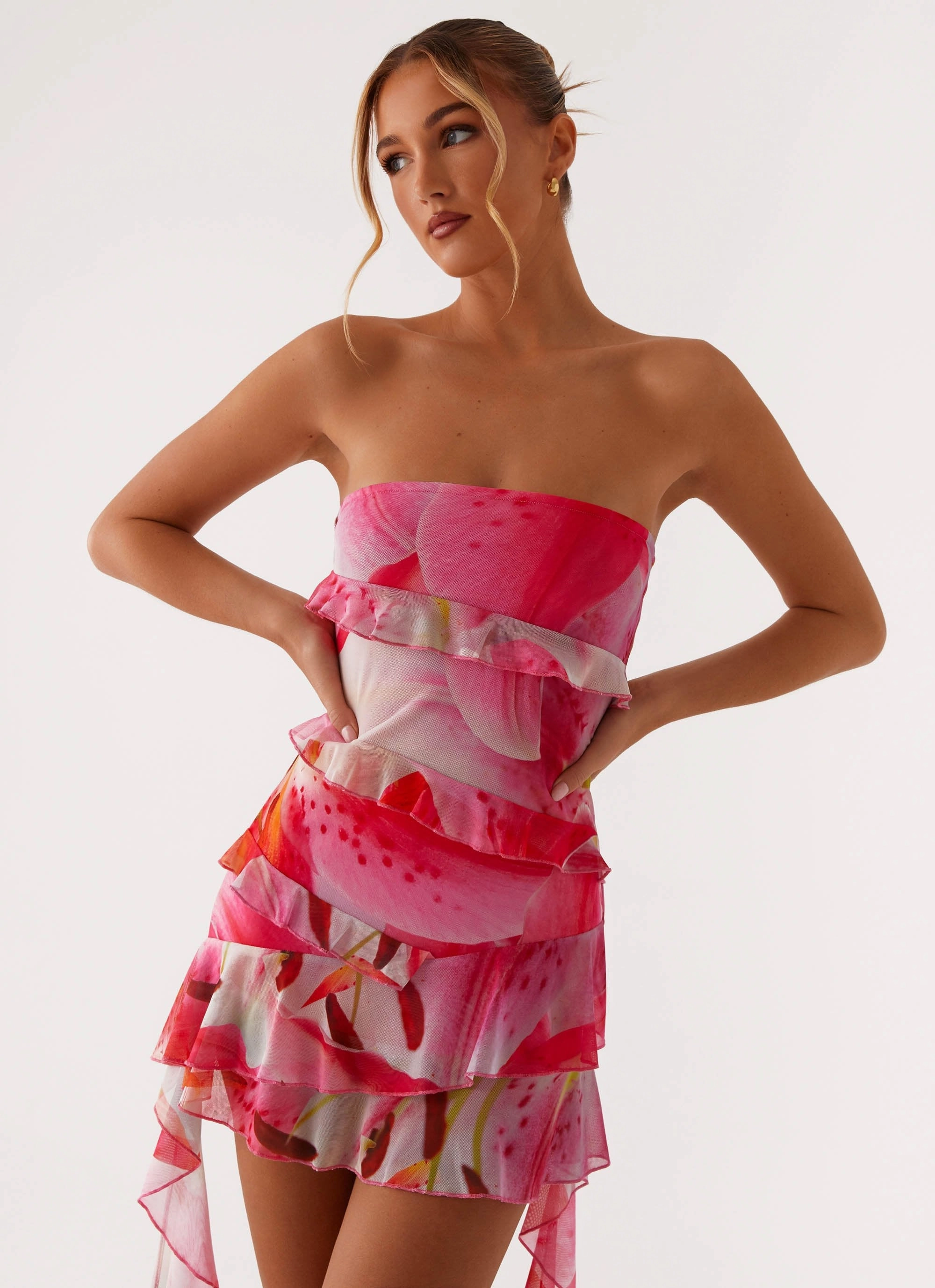 Macey Mini Dress - White Pink Lilly Formal Occasion Soft Curve