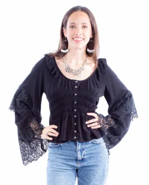 Everyday Basic Scully Womens Ruffle Crochet Black 100% Rayon L/S Blouse Scully Womens Ruffle Crochet Black 100% Rayon L/S Blouse Embellished Neckline
