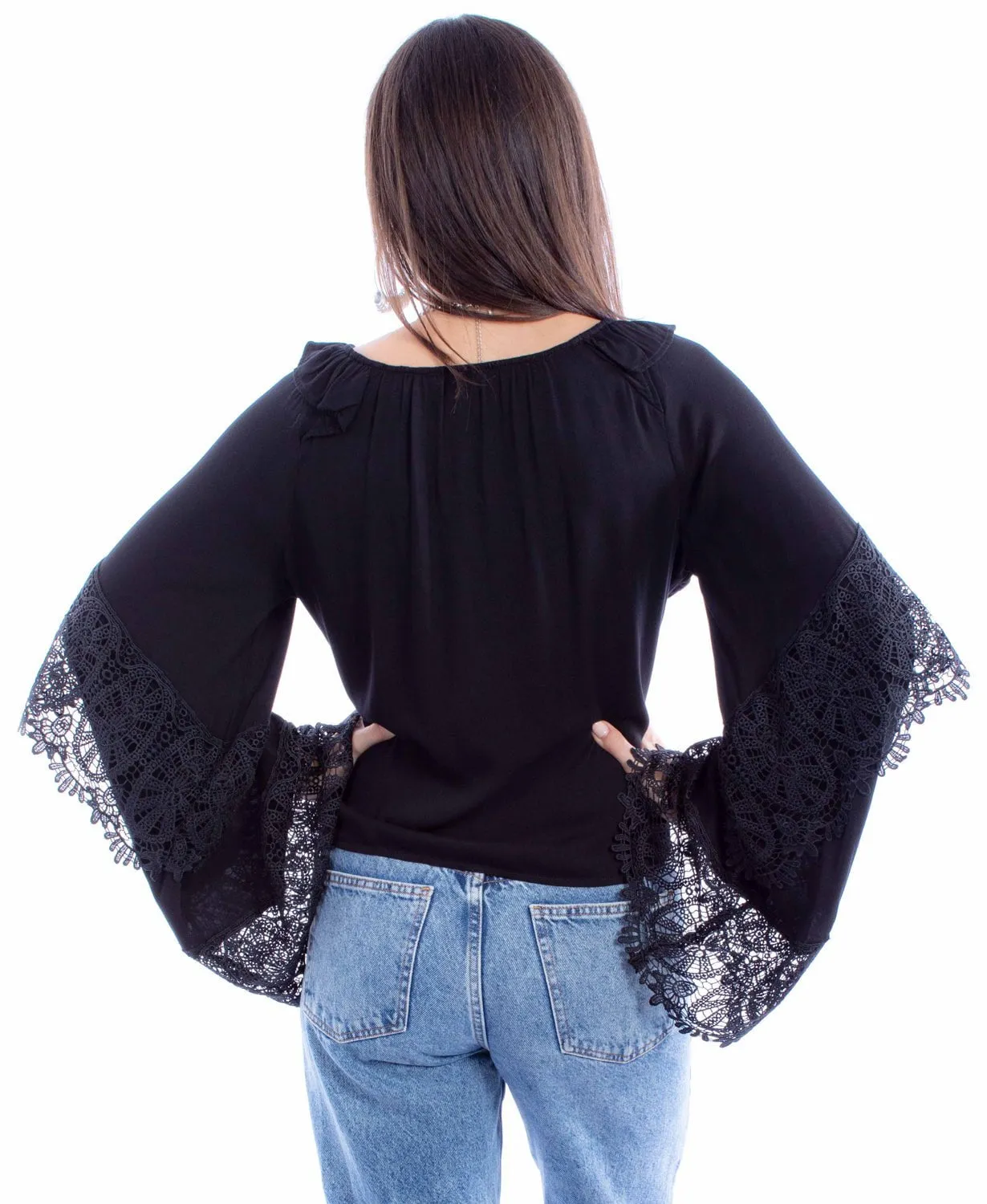 Scully Womens Ruffle Crochet Black 100% Rayon L/S Blouse Cozy Option