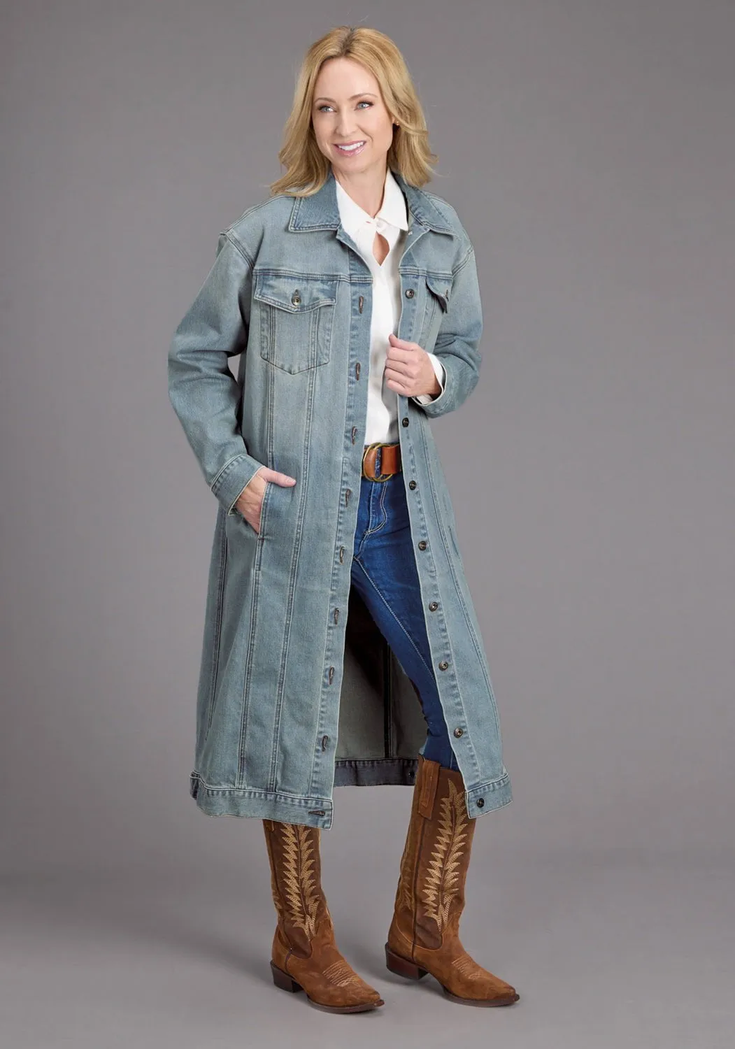 Stetson Womens Long Denim Button Front Blue Cotton Blend Cotton Jacket Durable Rivet Hardware Multi Purpose Pockets