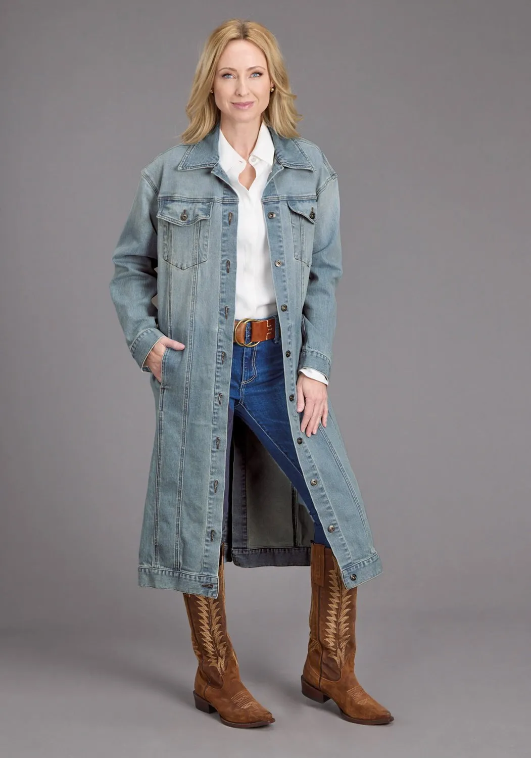 Autumn Days Parent Style Lightweight Earthy Nature Lover Stetson Womens Long Denim Button Front Blue Cotton Blend Cotton Jacket