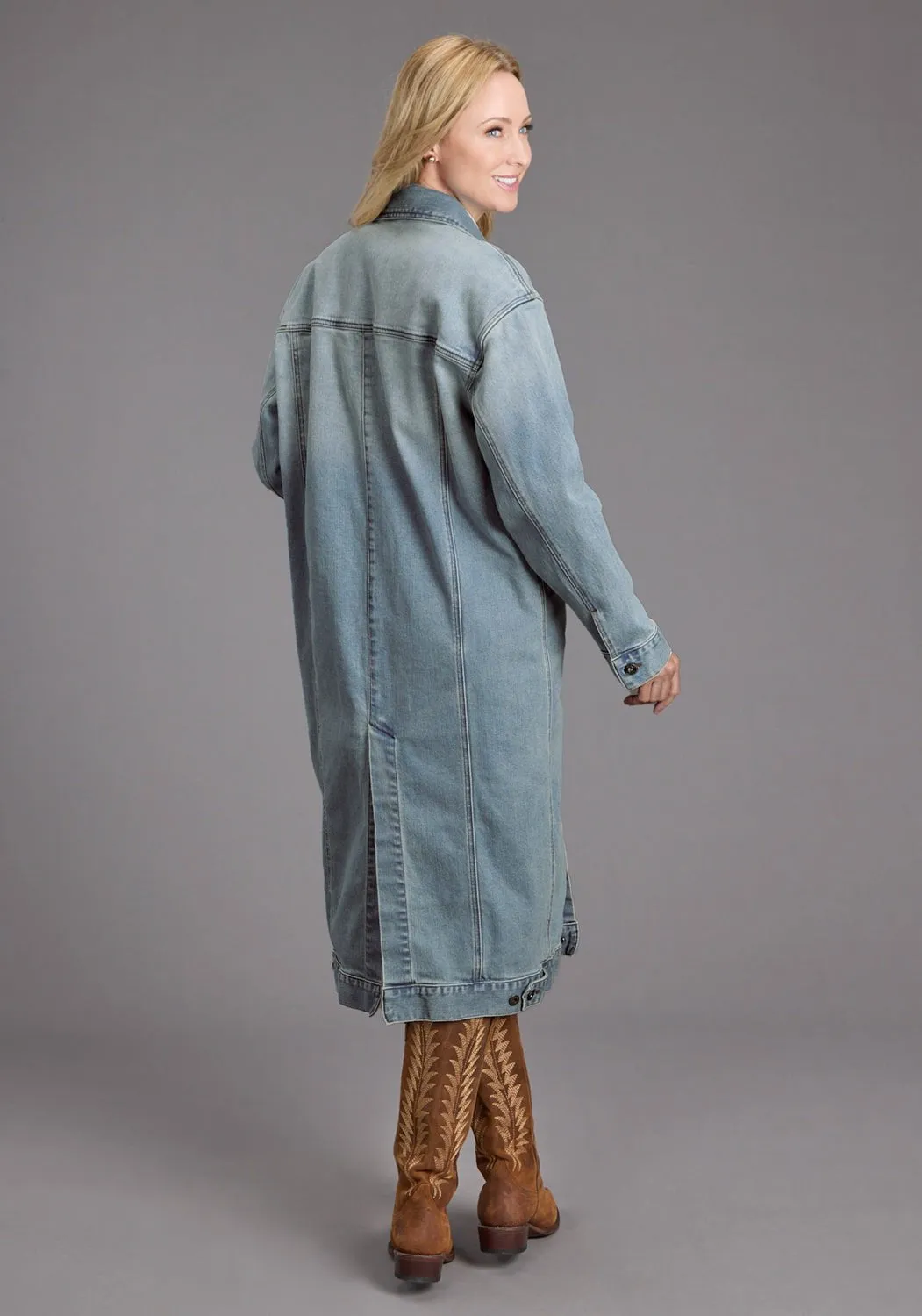 Stetson Womens Long Denim Button Front Blue Cotton Blend Cotton Jacket Daywear Option Spring Mood Bold Look