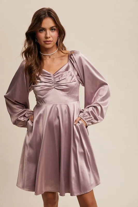 Minimalist Style Printed-Lining Carly Cinched Long Sleeve Satin Dress