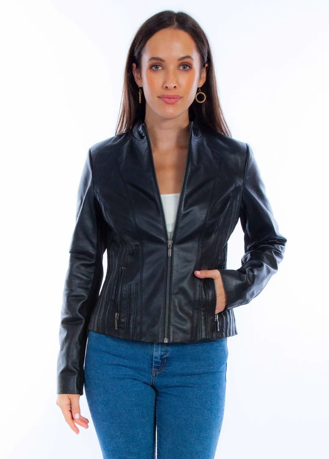 Scully Womens Ribbed Motorcycle Black Lamb Leather Leather Jacket Fashionable Design Classic Five Pocket Design
