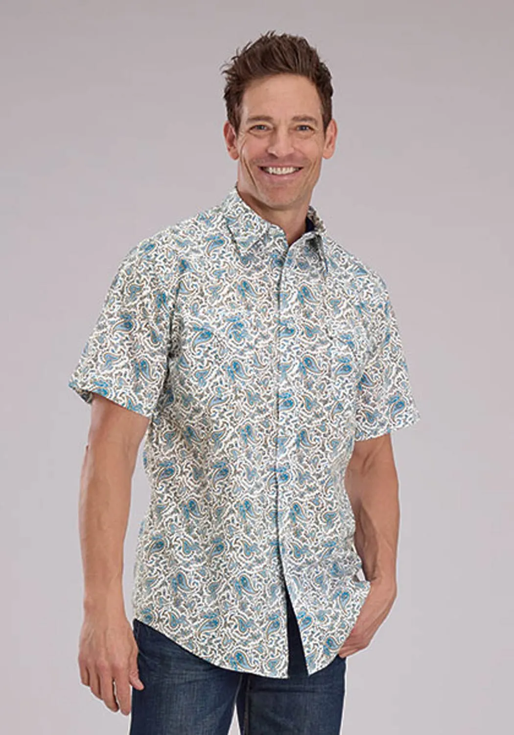 Roper Mens 2463 Vintage Paisley Blue 100% Cotton S/S Shirt Temperature Regulating