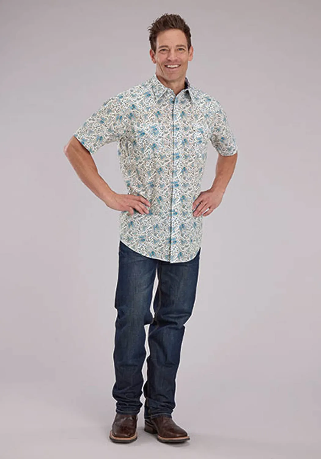 Roper Mens 2463 Vintage Paisley Blue 100% Cotton S/S Shirt Comfort Stretch Timeless Fit