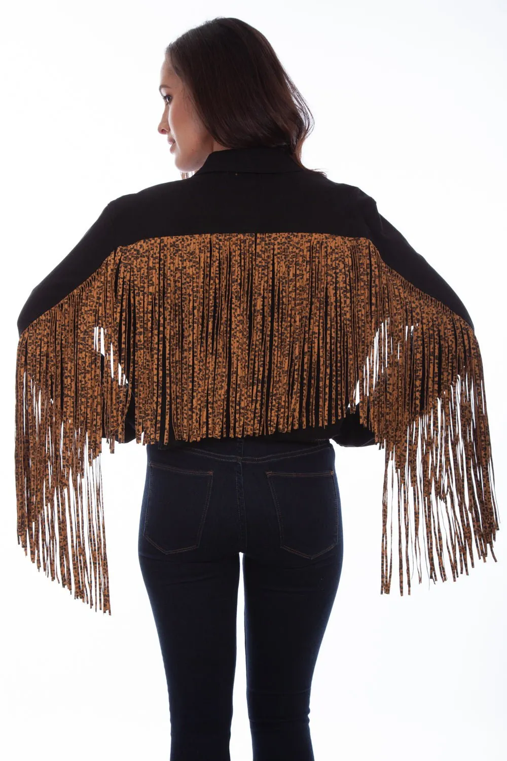 Scully Womens Black/Leopard Cotton Blend Fringe Denim Jacket Stylish Choice