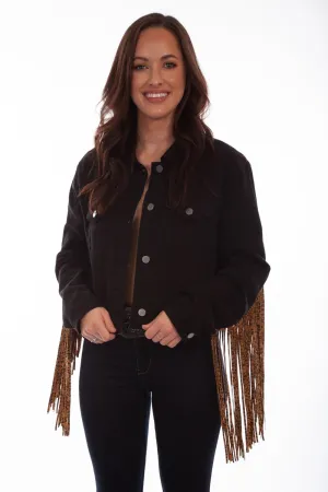 Everyday Essential Scully Womens Black/Leopard Cotton Blend Fringe Denim Jacket Scully Womens Black/Leopard Cotton Blend Fringe Denim Jacket Relaxed Basics
