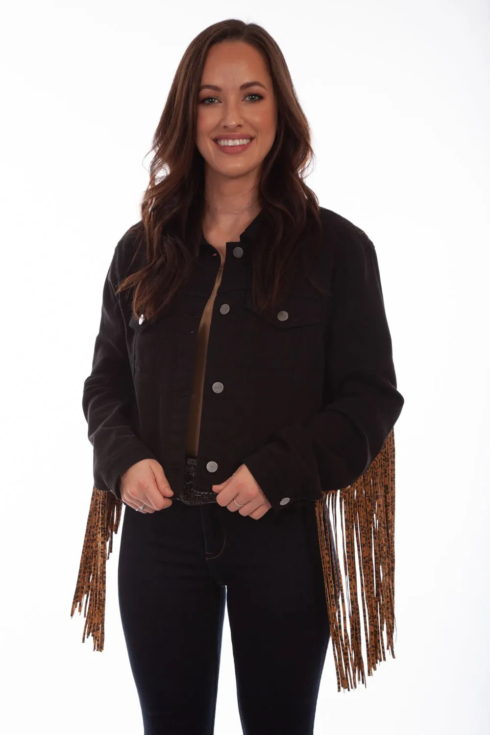 Scully Womens Black/Leopard Cotton Blend Fringe Denim Jacket Effortless Waist Always Stylish