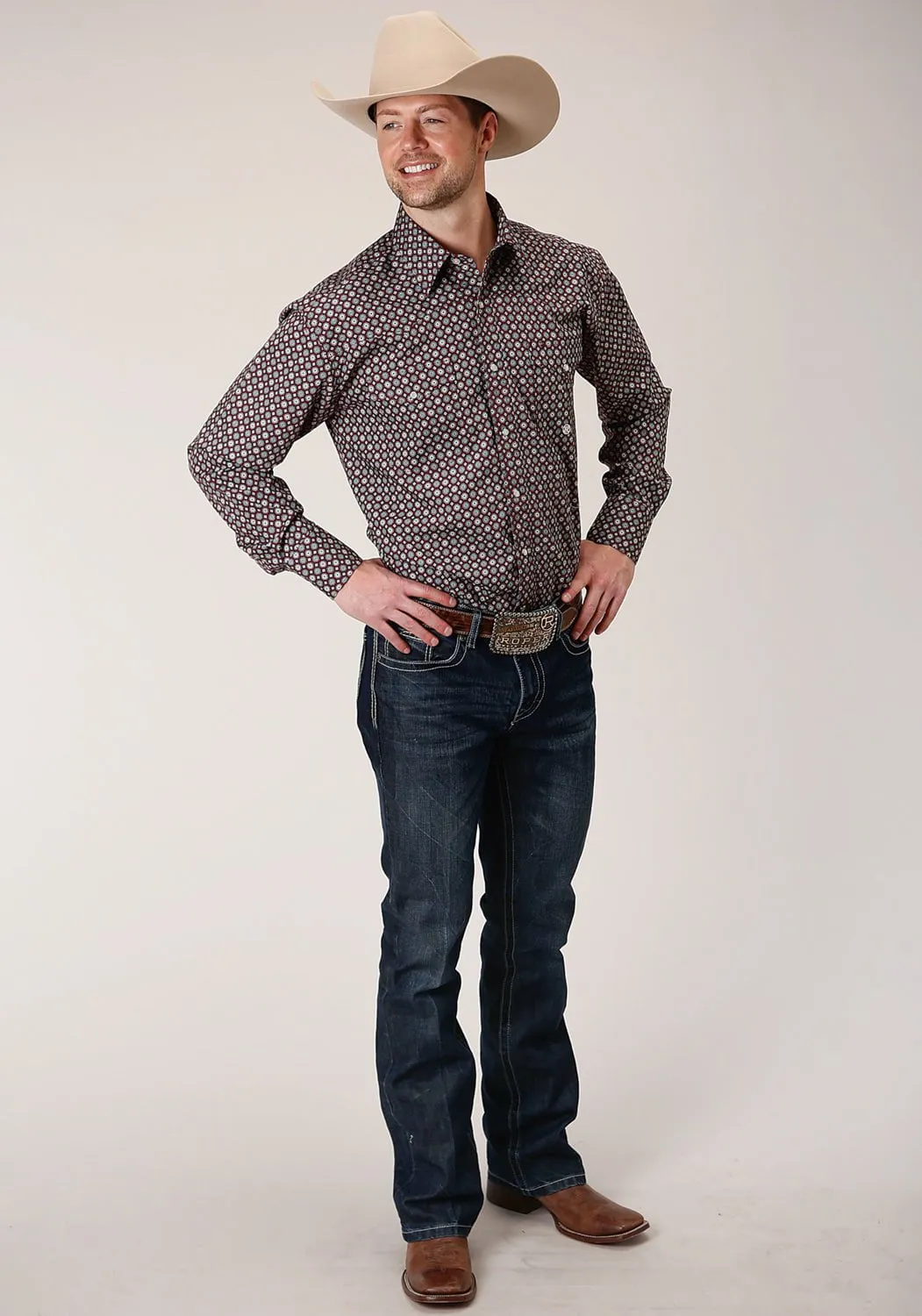 High-End Look Weekend Vibes Roper Mens Wine 100% Cotton Red Currant Foulard L/S Tall Shirt