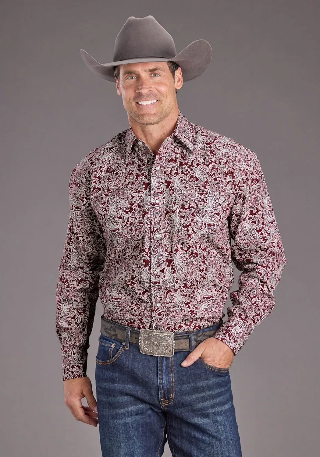 Stetson Mens 2393 Paisley Wine 100% Cotton L/S Shirt Eco-friendly Camping Essential
