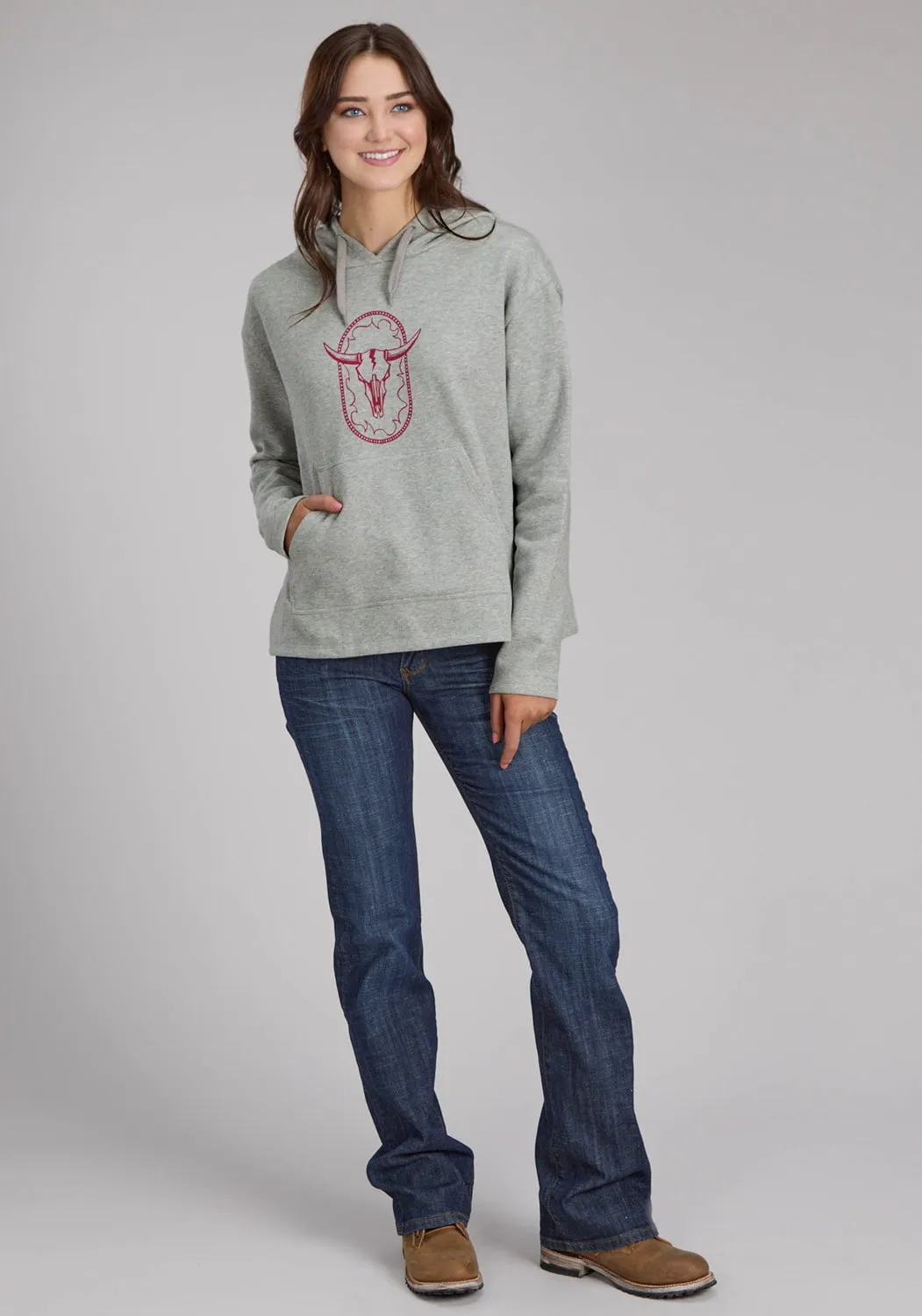 Roper Womens Longhorn Fleece Grey Cotton Blend Hoodie Shopping Day High Quality Weekend Style