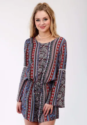 Everyday Spark Roper Womens Blue Rayon/Nylon Paisley Stripe L/S Romper Plain Favorite Roper Womens Blue Rayon/Nylon Paisley Stripe L/S Romper