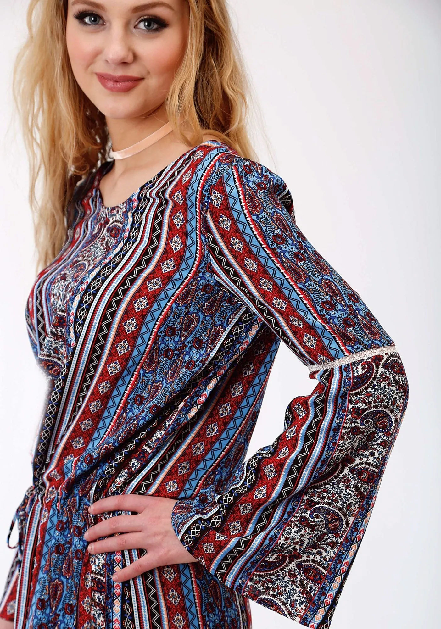 Roper Womens Blue Rayon/Nylon Paisley Stripe L/S Romper Casual Morning Stroll