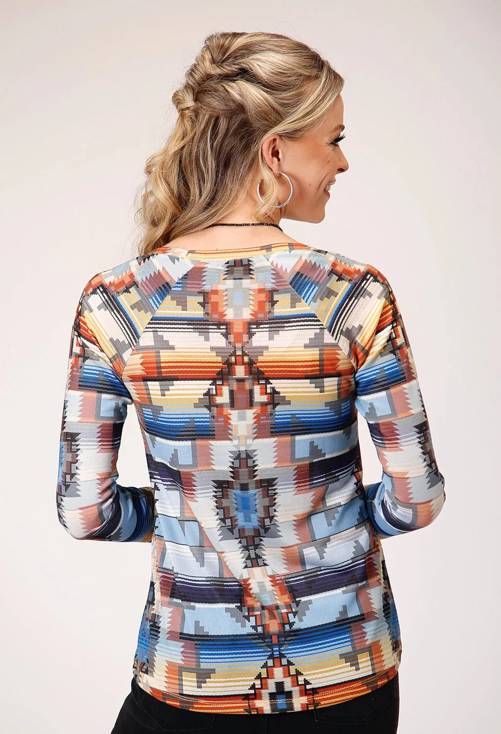 Elegant Formal Roper Womens Aztec Sublimation Multi-Color Polyester L/S T-Shirt