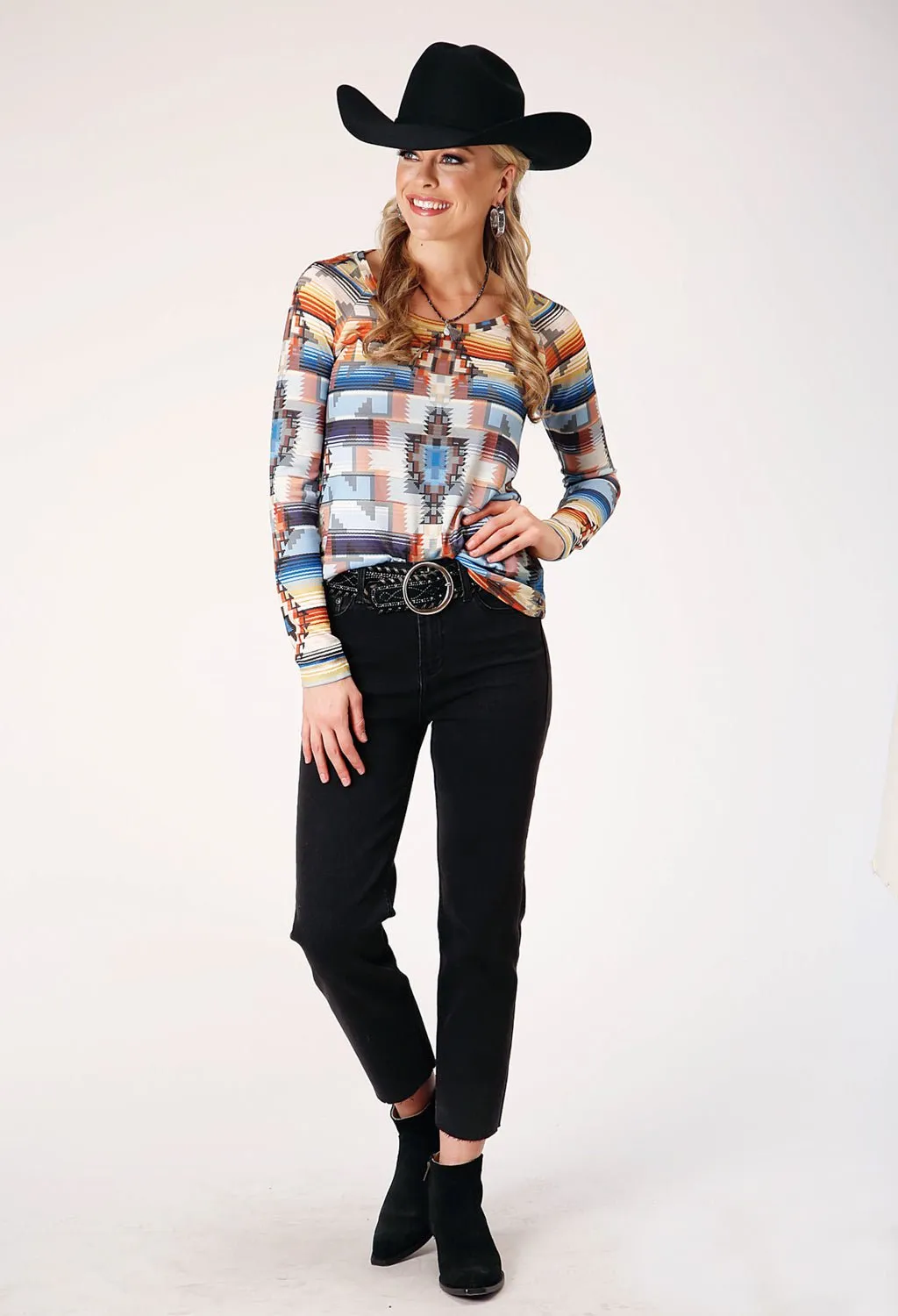 Roper Womens Aztec Sublimation Multi-Color Polyester L/S T-Shirt All-day Comfort Sleek Fit