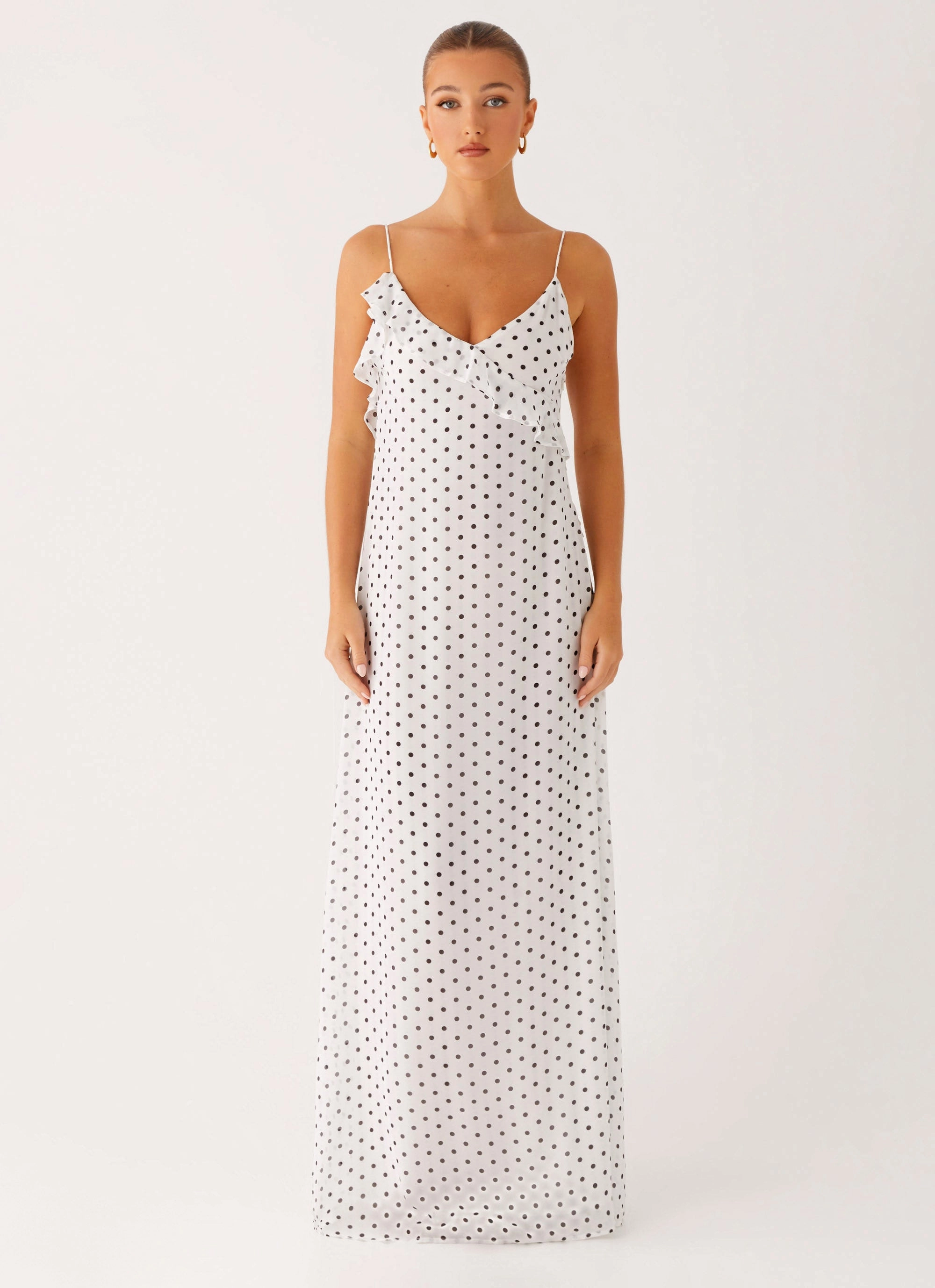 Harri Maxi Dress - White Polka Dot StretchableKnit