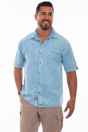 Street Wear Scully Mens Distressed Sky Blue 100% Cotton Palm Trees S/S Shirt