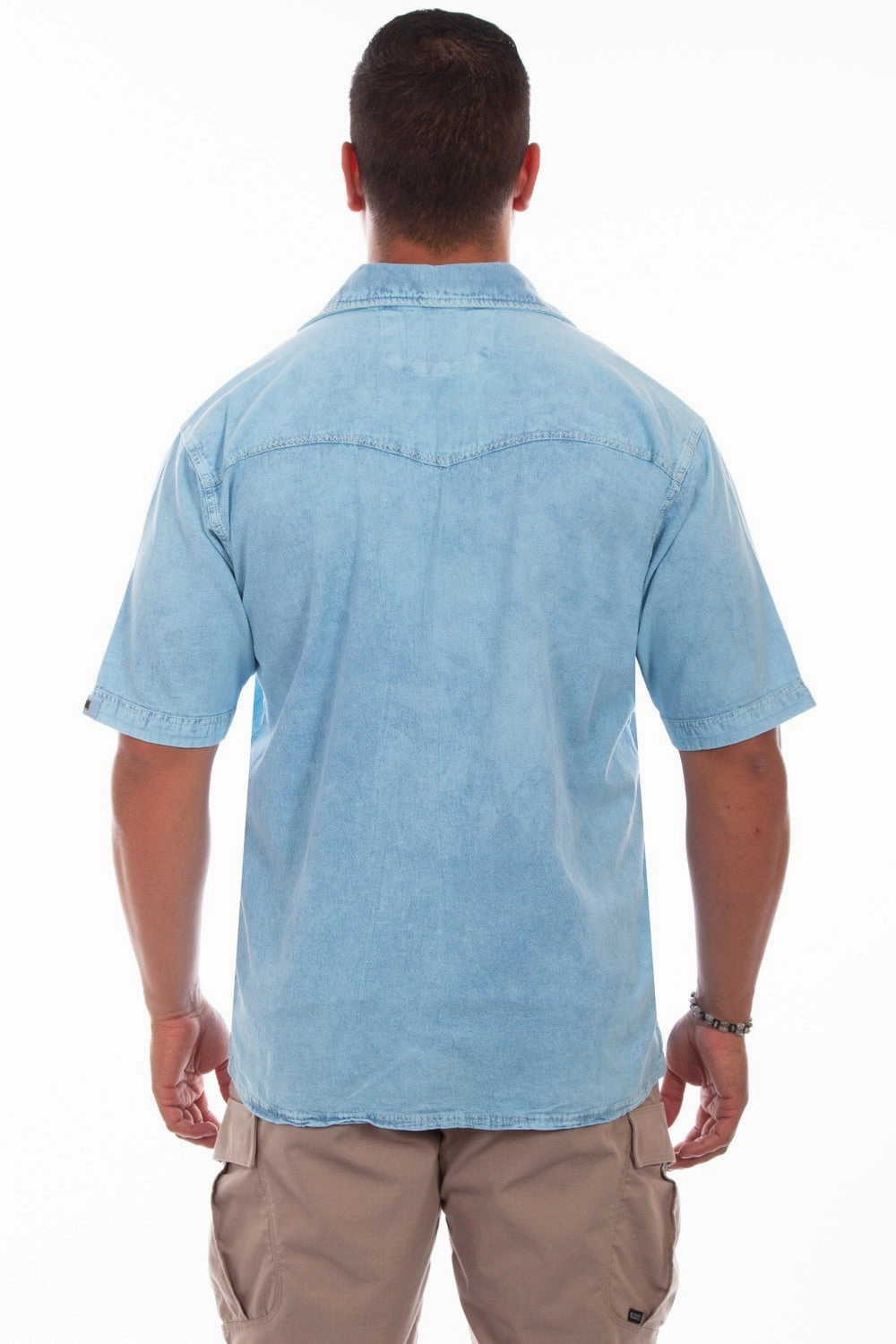 Scully Mens Distressed Sky Blue 100% Cotton Palm Trees S/S Shirt Static Dissipating Fiber Chilly Day Wear
