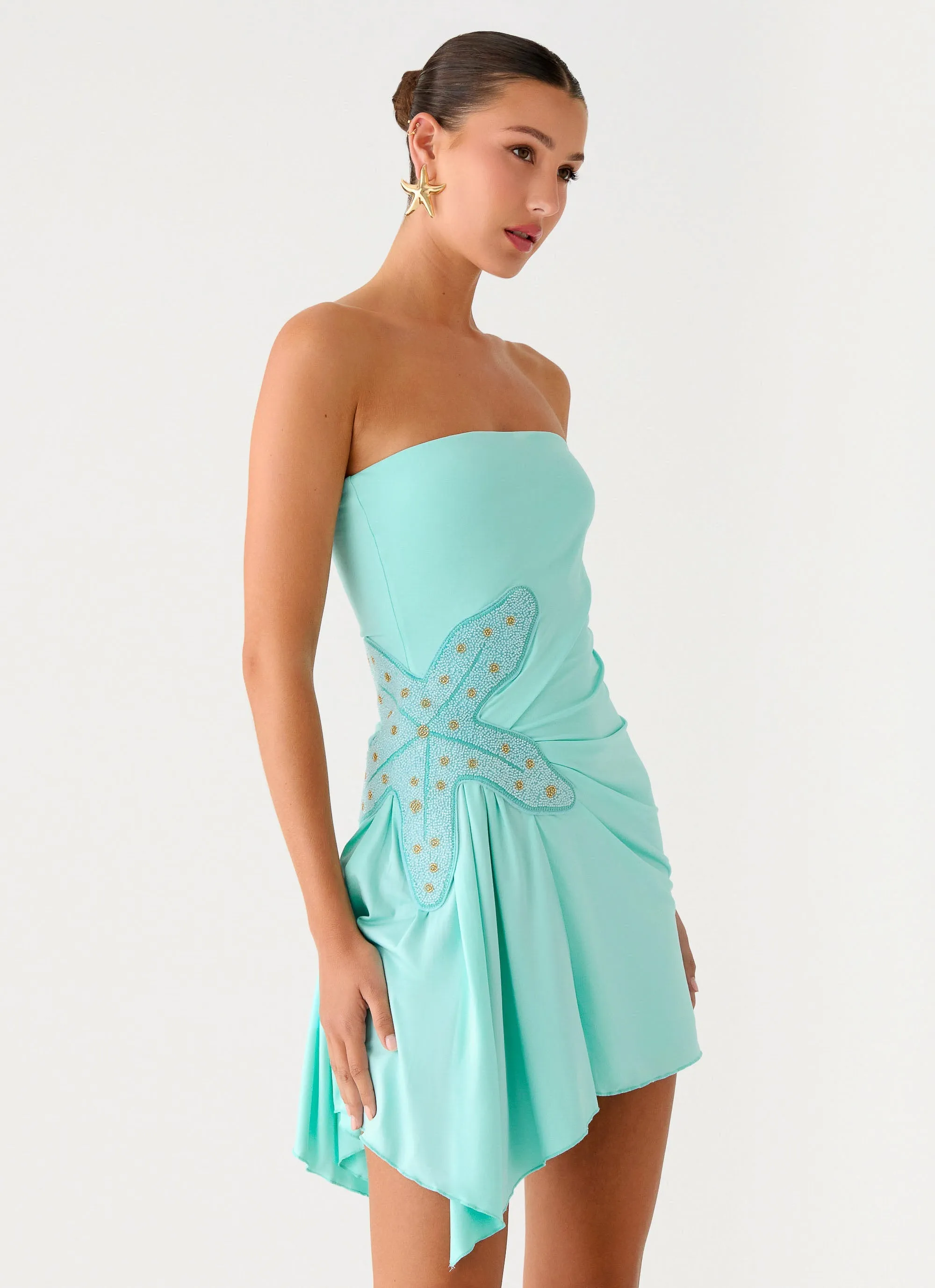 Ocean Dream Strapless Mini Dress - Turquoise Mini-Length Embroidered Fabric
