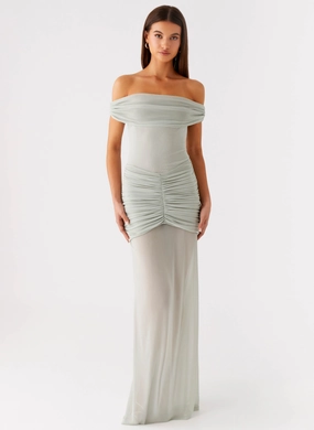 Eyllin Off Shoulder Maxi Dress - Sage Pleated Skirt Eyllin Off Shoulder Maxi Dress - Sage ElasticWaistband Minimal Touch