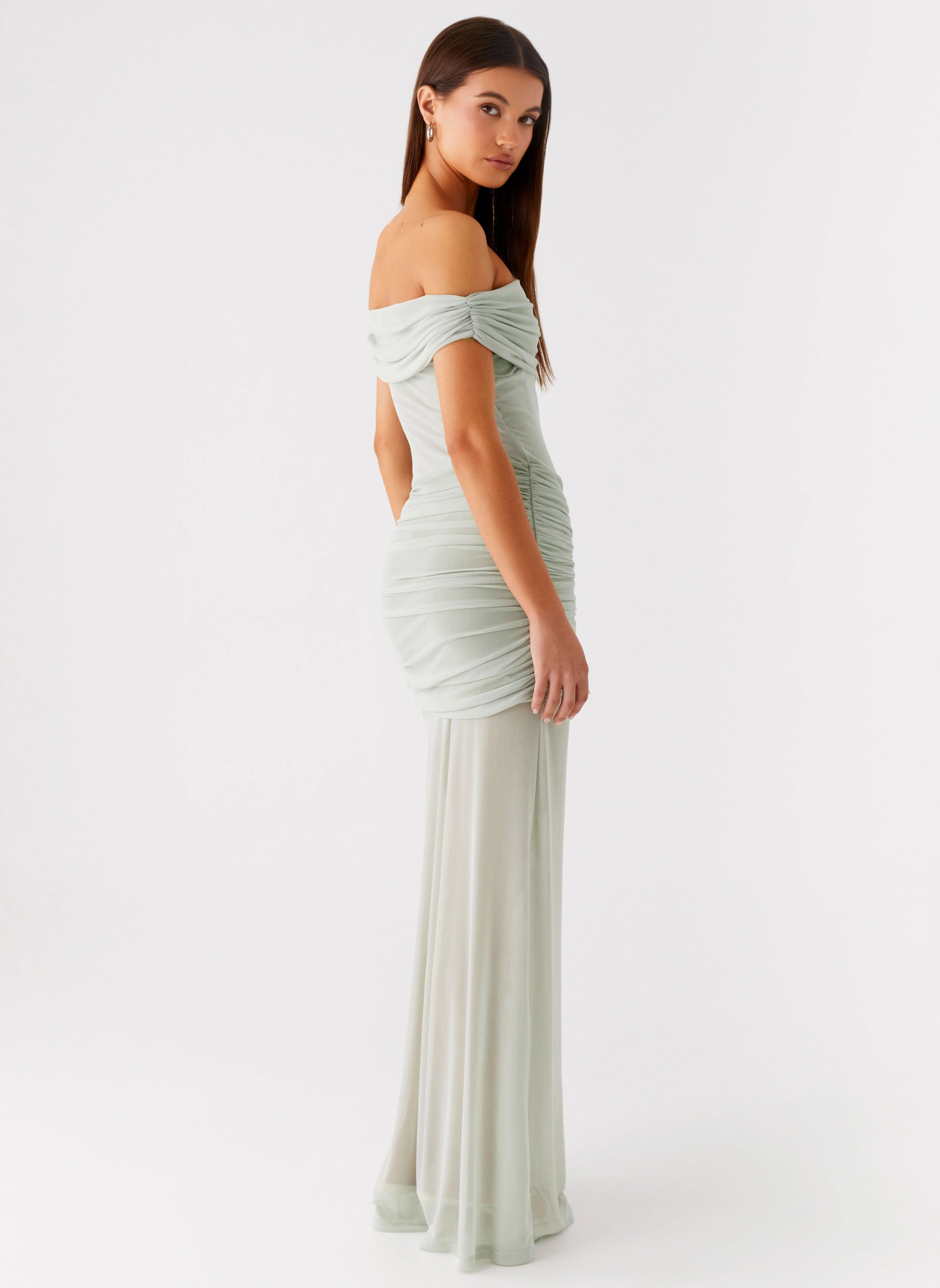 Gentle Aesthetic Light and Breezy Eyllin Off Shoulder Maxi Dress - Sage