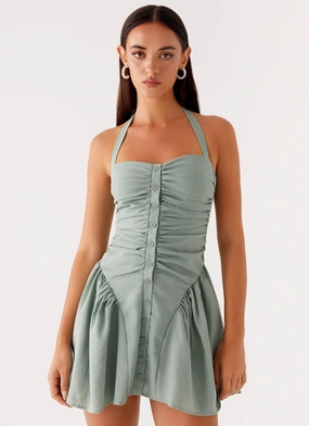 Fable Mini Dress - Sage Gloss Organza Open Back Plus Fit Fable Mini Dress - Sage
